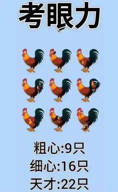 这张图中有22只公鸡,看出9只的老花眼,能看出16只的绝对还年轻!