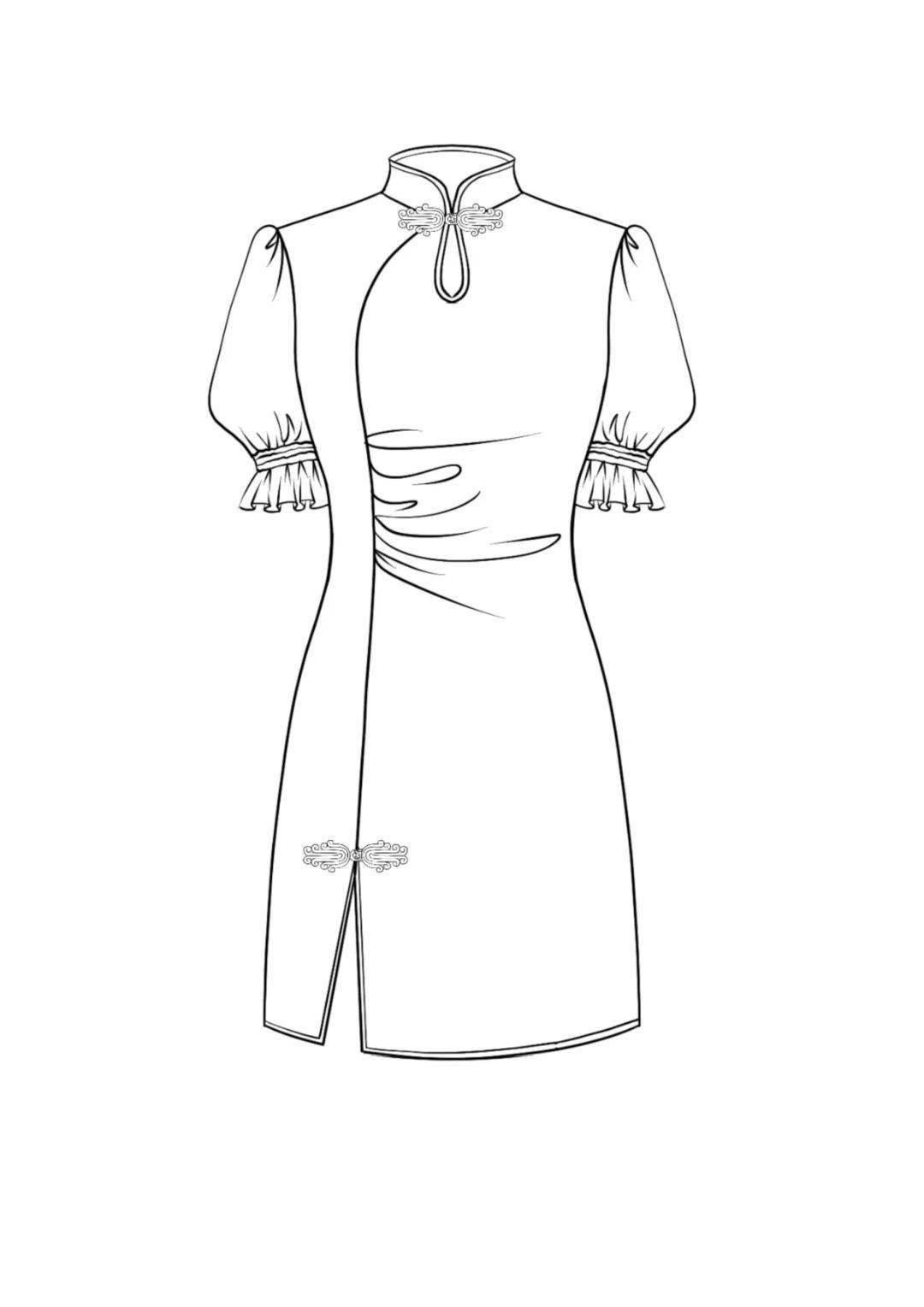 100款-新中式旗袍-平面结构款式图线稿!