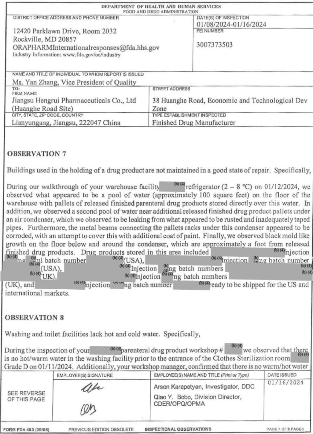 bobo, 部门主任, cder/opq/opma检查员签名arsen karapetyan, 调查员