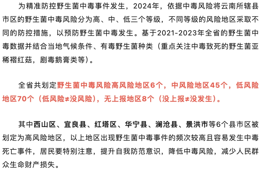 详情如下以预防野生菌中毒发生采取不同的防控措施不同等级的风险地区