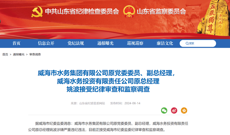 威海水务集团原副总经理姚波被查