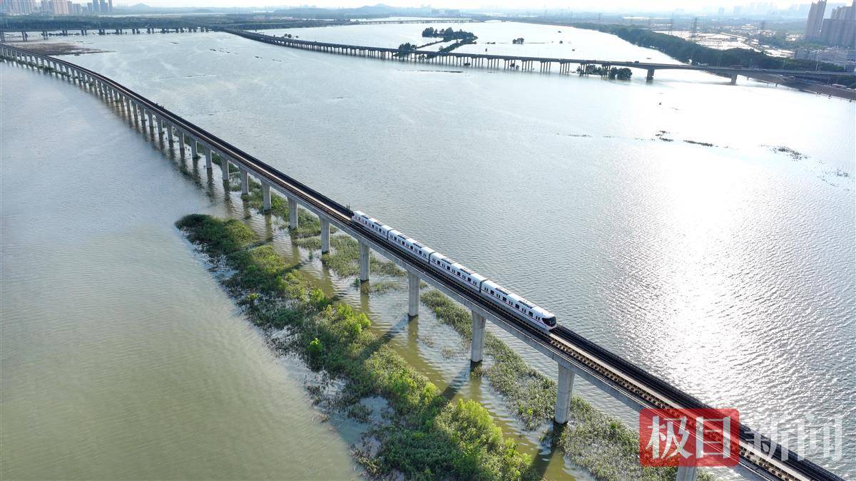 独特风景!武汉地铁16号线列车平稳驶过沿江高架区段