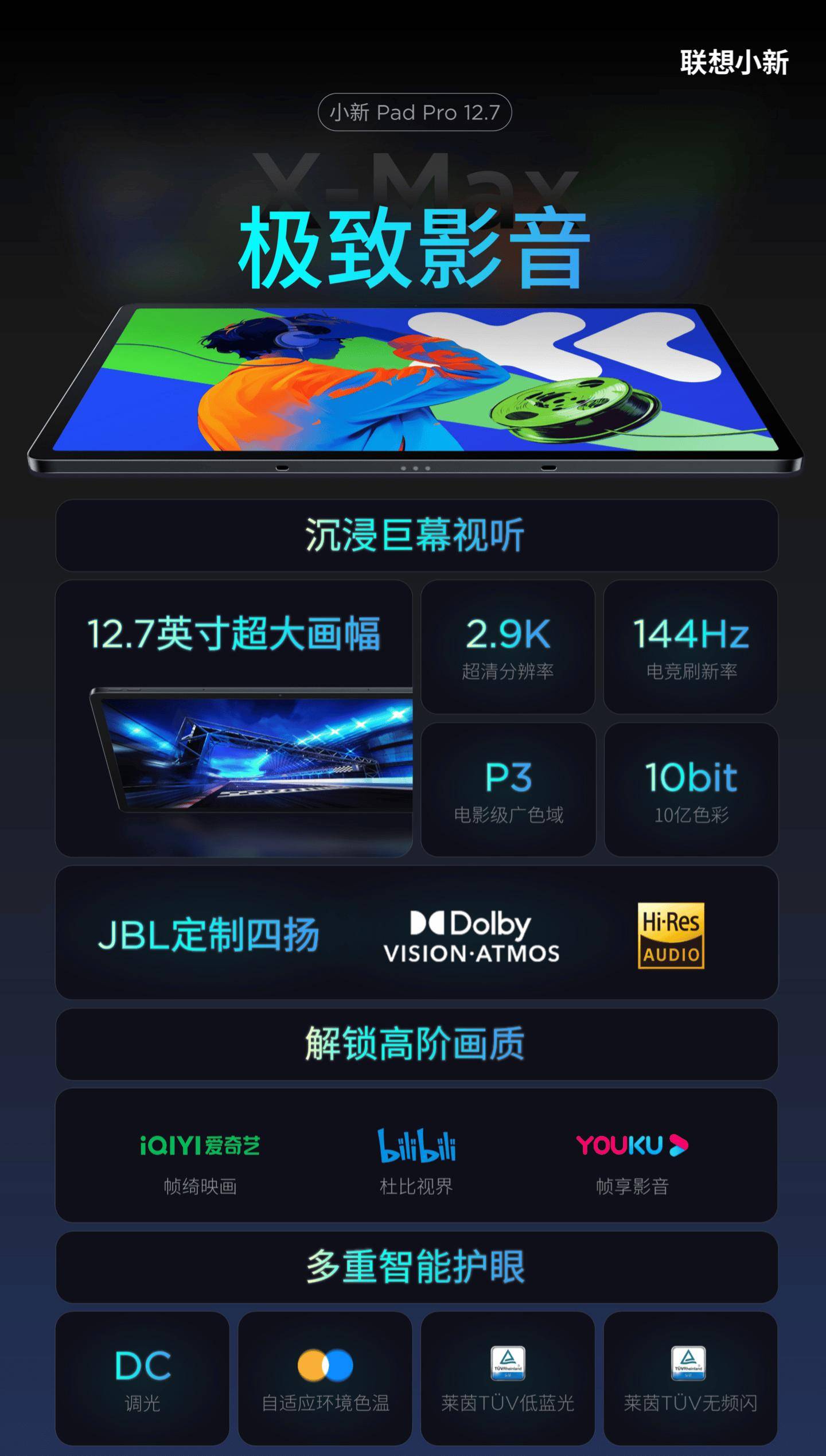 两种型号配置,联想小新 pad pro 127 平板分普通版和舒视版