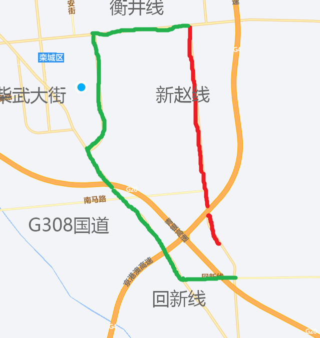 衡井线-果王线(s247)-藁城南环-藁城西环-307国道由南向北车辆绕行