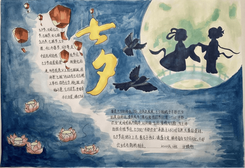 手抄报,细腻的绘画以及苍劲有力的书法,生动地展现了"七夕节"这一古老