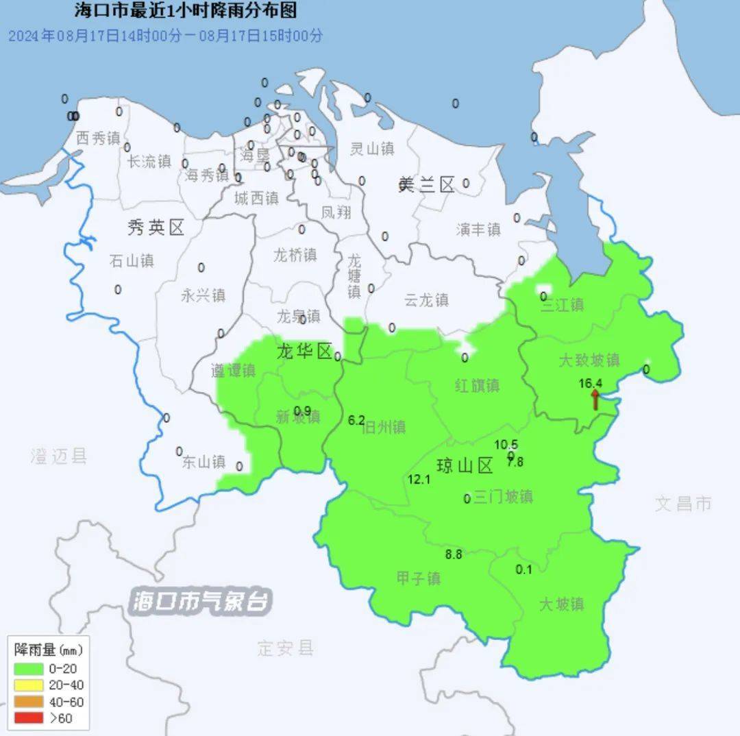 受对流云团影响,预计海口市市区,新坡镇,东山镇,石山镇,龙泉镇,旧州镇