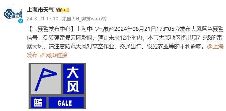 雷电 大风!上海中心气象台发布"一黄一蓝"预警