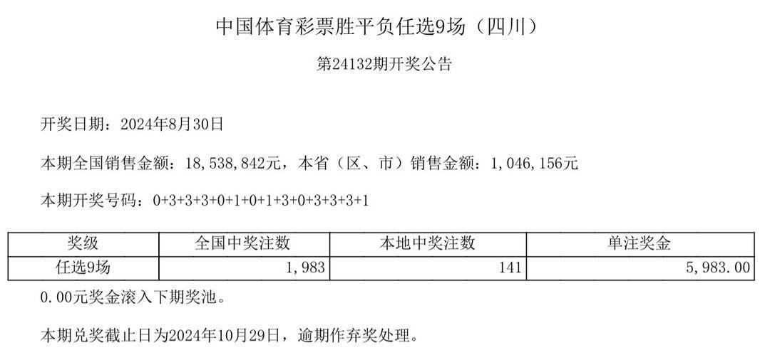 中国体育彩票8月30日开奖结果