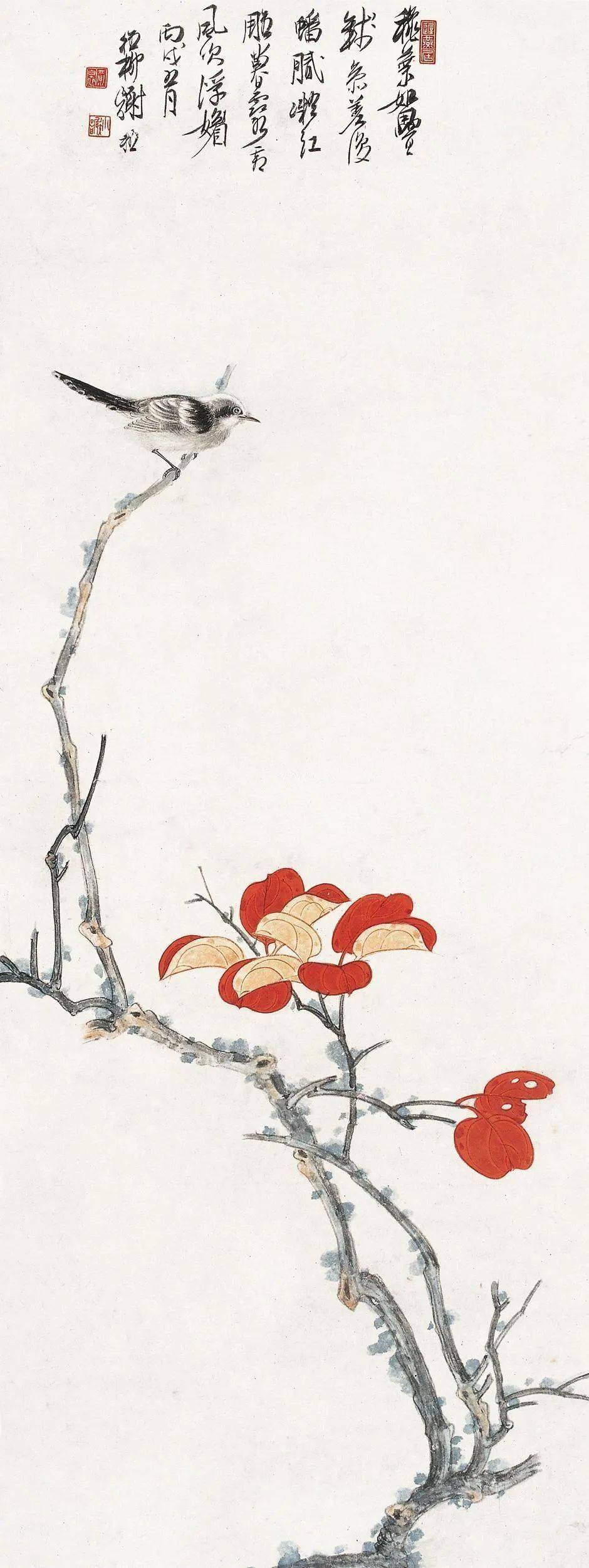 欣赏 | 谢稚柳红叶小鸟合集17图,三两红叶,欢快鸟儿,尽显秋意!