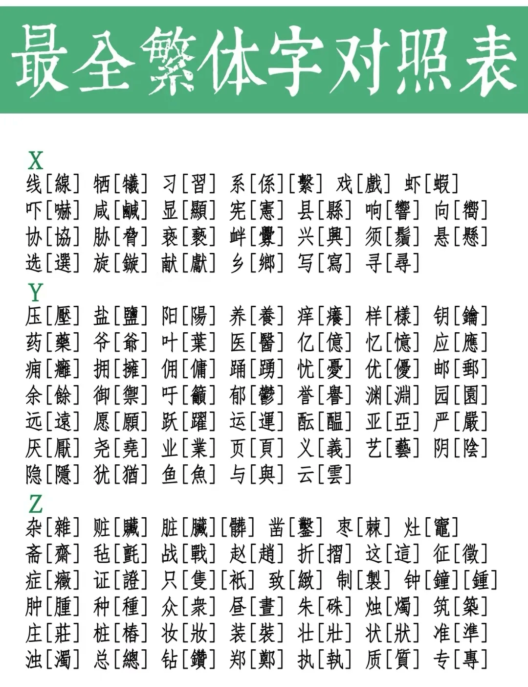 繁体字与简体字对照表图片