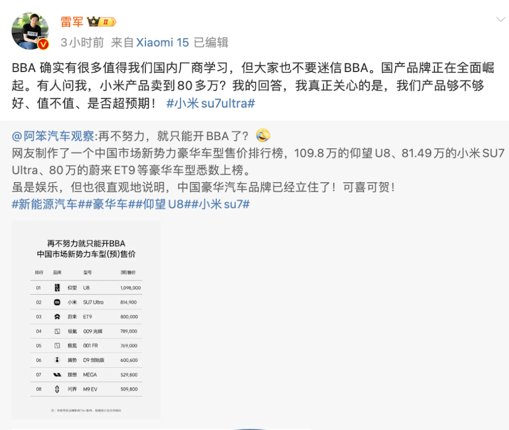 小米汽车卖到80多万，网友称再不努力只能开BBA！雷军：不要迷信BBA