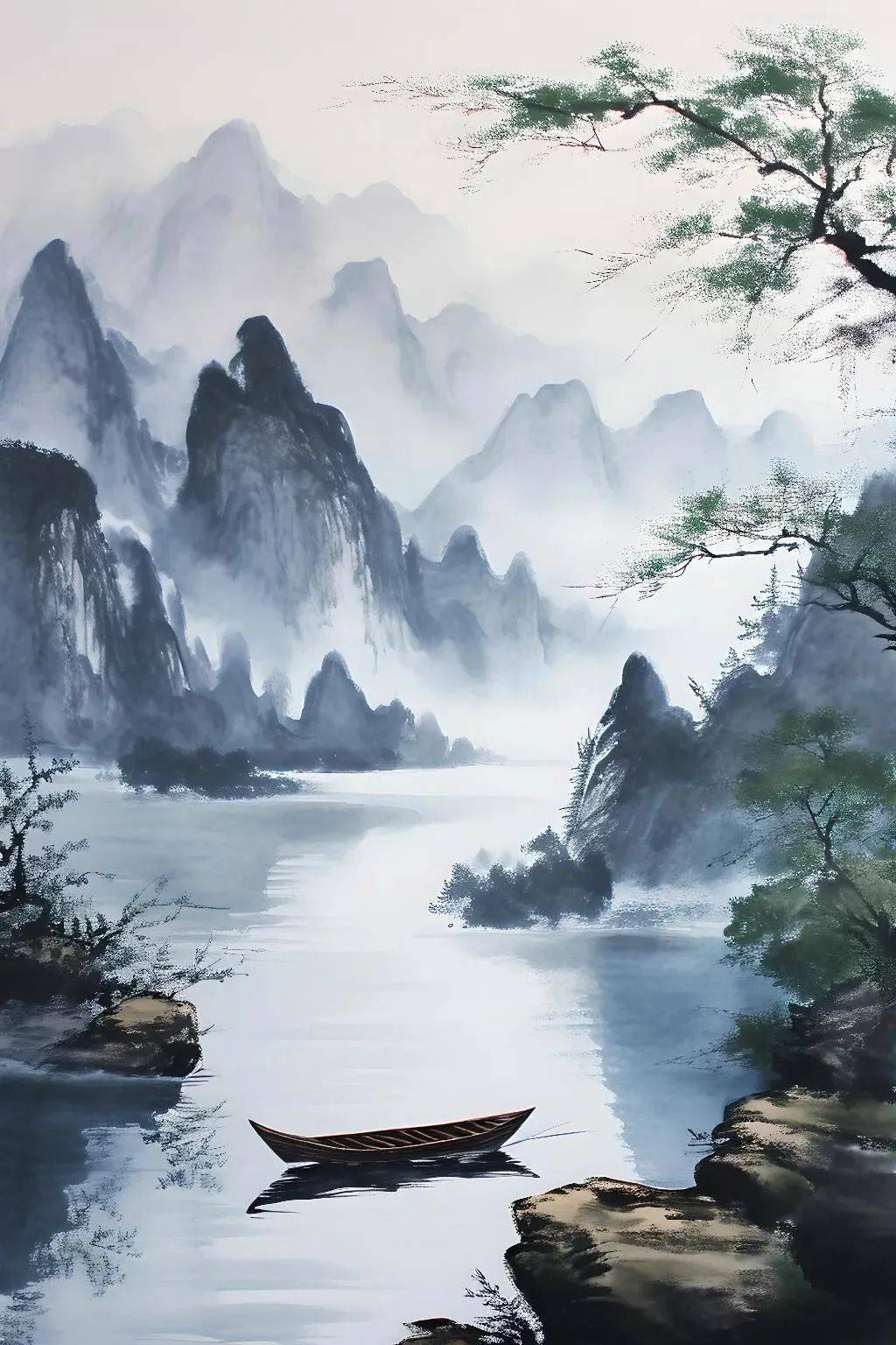 ai绘画 古风山水,湖面小舟,水墨丹青