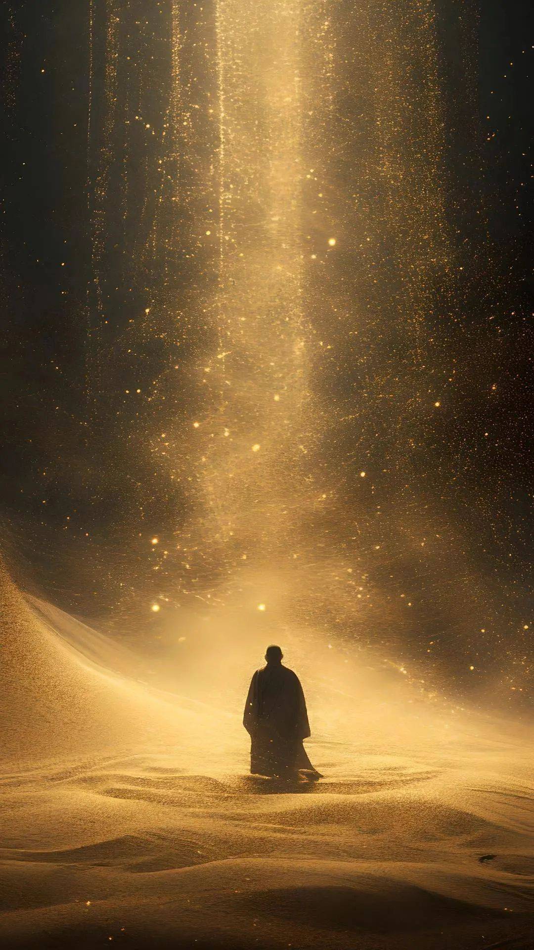 绘制,整个画面飘着一个个的发着金光的经文,一个僧人轮廓,意境构图