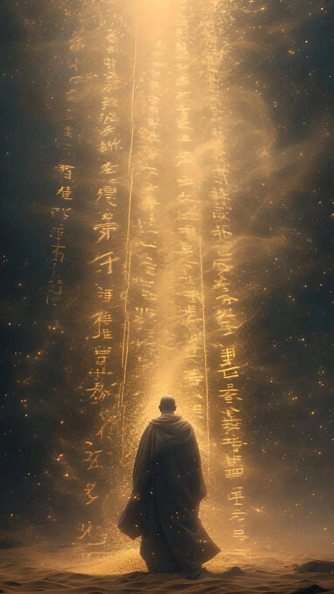绘制,整个画面飘着一个个的发着金光的经文,一个僧人轮廓,意境构图