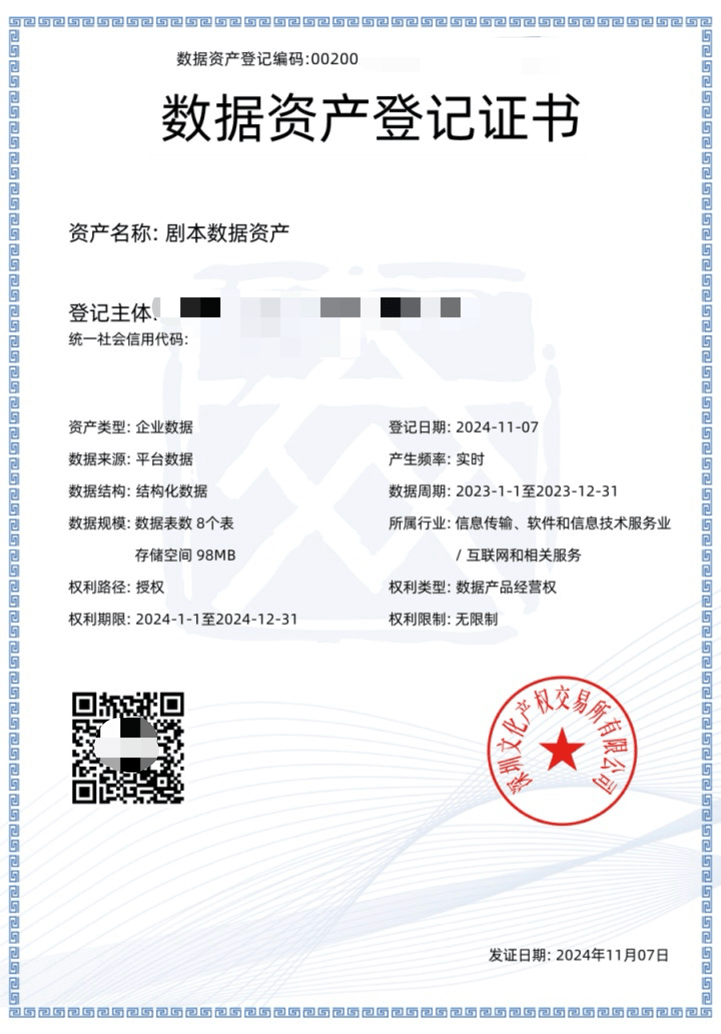 示后的数据资产将发放数据资产登记证书，用户可以自行下载及打印证书。
