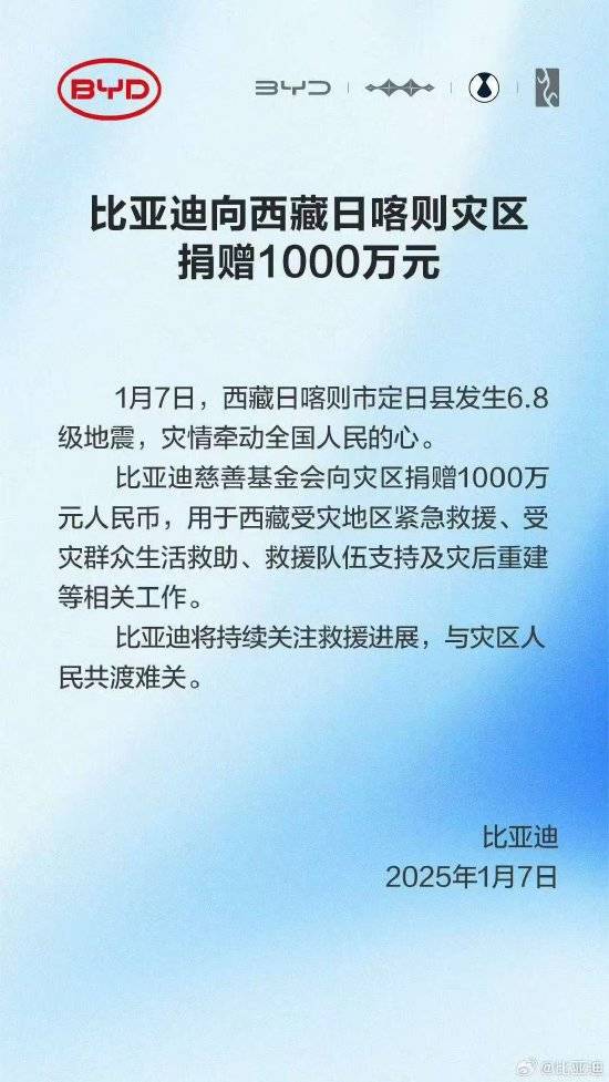 比亚迪向西藏日喀则灾区捐赠1000万元，与灾区人民共渡难关