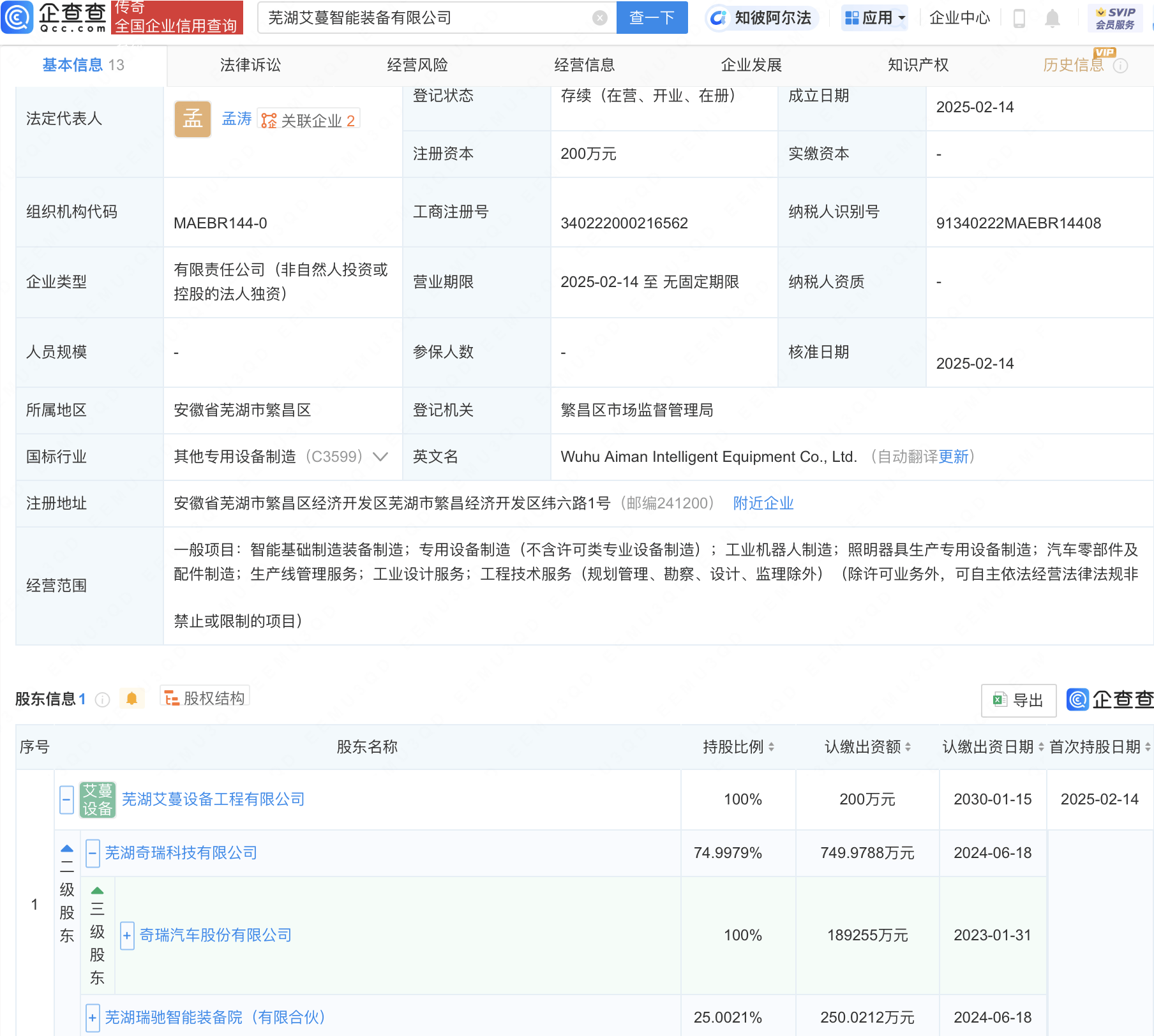 奇瑞汽车投资成立智能装备新公司