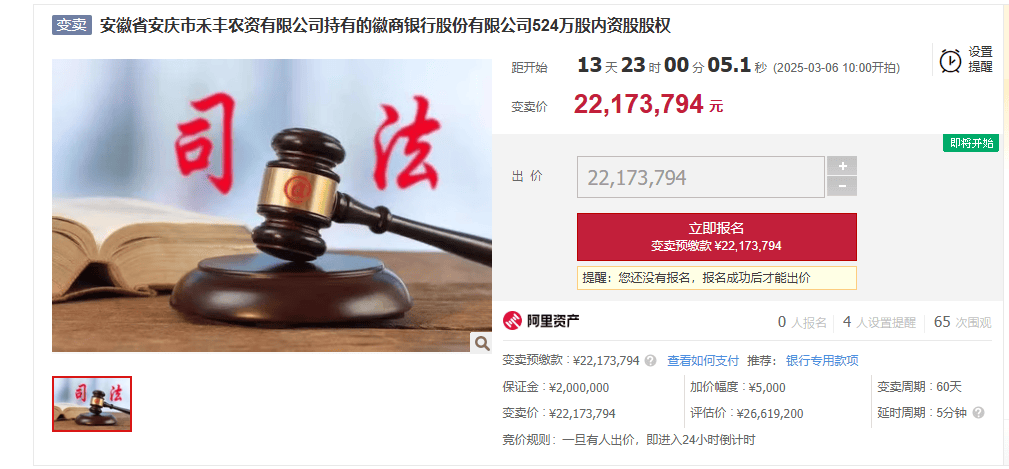 银行524万股股权将于2025年3月6日起在阿里司法拍卖网络平台进行司法变卖。