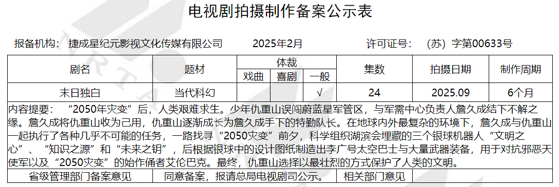 科幻剧《末日独白》备案计划2025年9月开拍