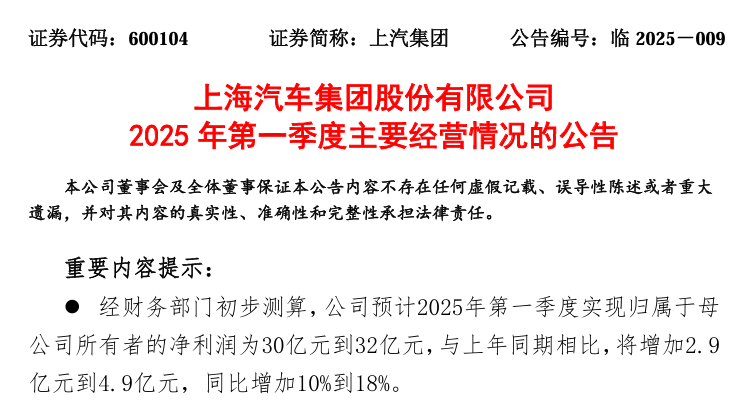上汽集团发布2025年第一季度业绩预期公告