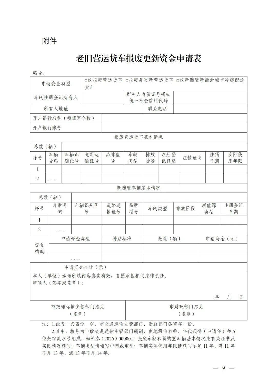 资金省级配套情况给予适当支持。附件：老旧营运货车报废更新资金申请表