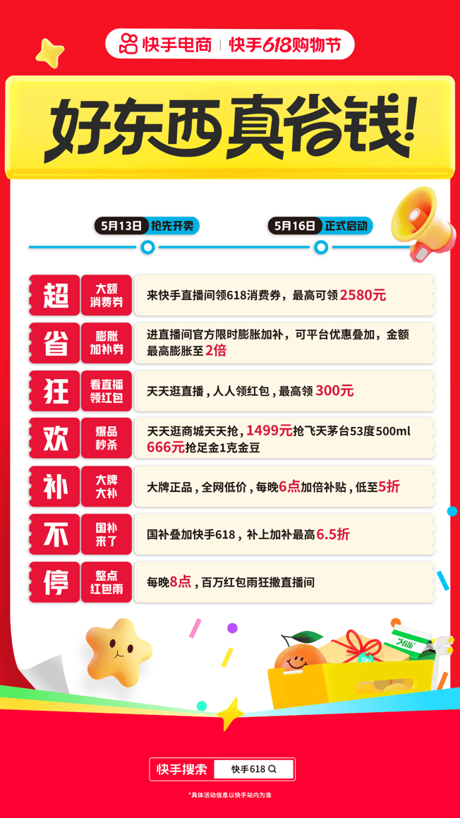 快手618购物节发放大额消费券，用户最高可领2580元