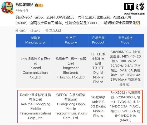 消息称 realme 真我 Neo7 Turbo 搭载天玑 9400e 处理器