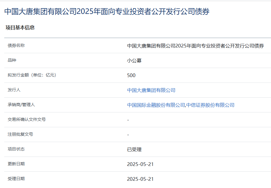 中国大唐集团拟发行500亿元小公募