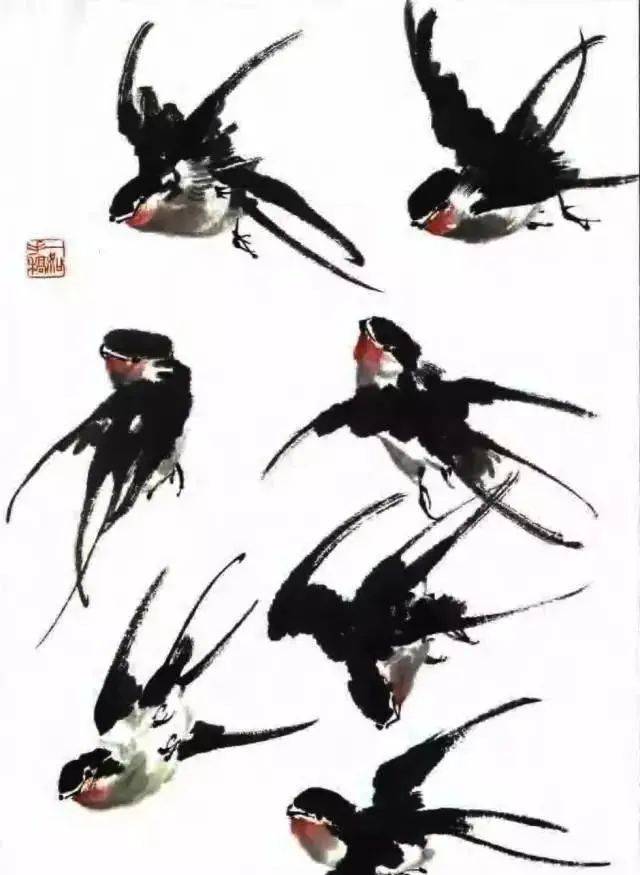 国画燕子的画法画法一:1, 浓墨侧锋竖笔画头部;2, 接头部画一横笔是