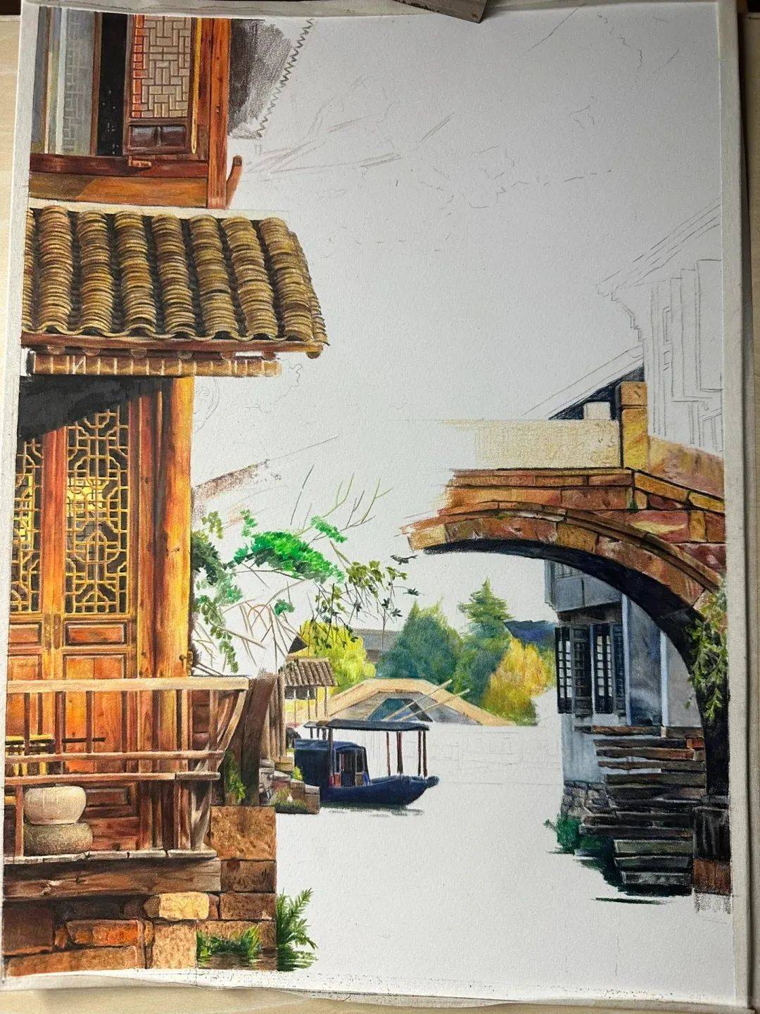彩铅风景—江南古镇