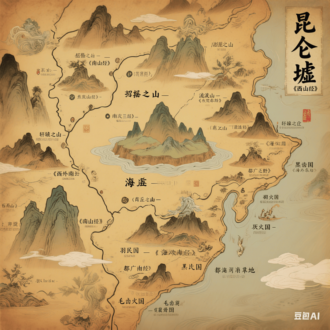 基于其中的地理描述,结合自己奇幻瑰丽的想象绘制山海经幻想地图