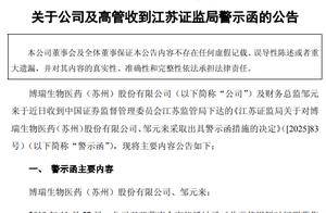 3.8亿元募资管理违规，博瑞医药及财务总监被警示，此前董事长“以身试药”言论曾引来警示函