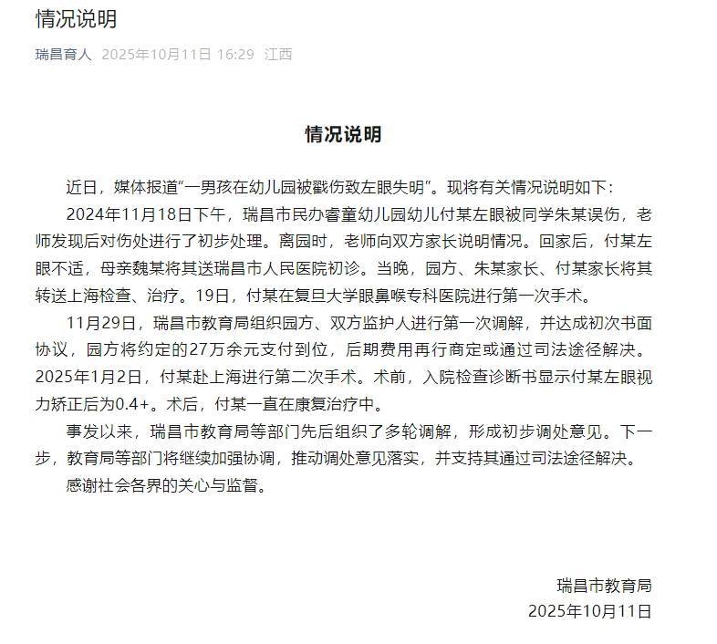 江西一男孩在幼儿园被戳伤致左眼失明 官方通报