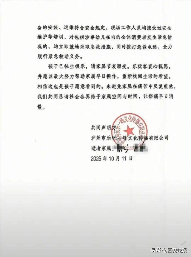 一儿童游乐场内发生意外，不幸身亡
