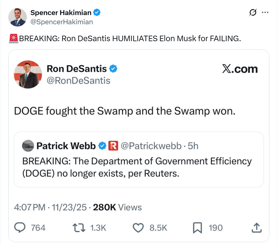 马斯克的“悲哀”！报道称：协议还有八个月，但DOGE“已不存在” -华闻时空