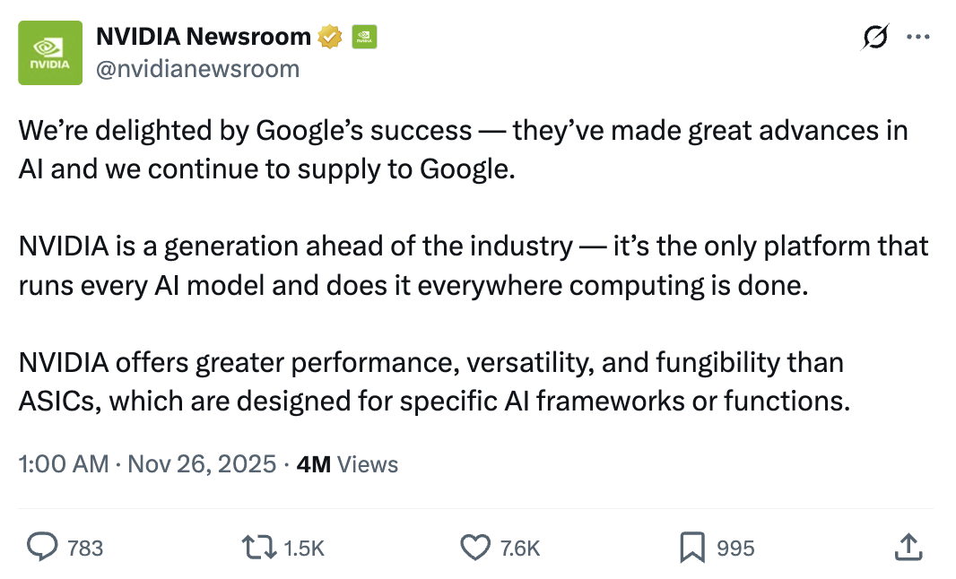 英伟达：祝贺谷歌TPU成功，但GPU领先一代