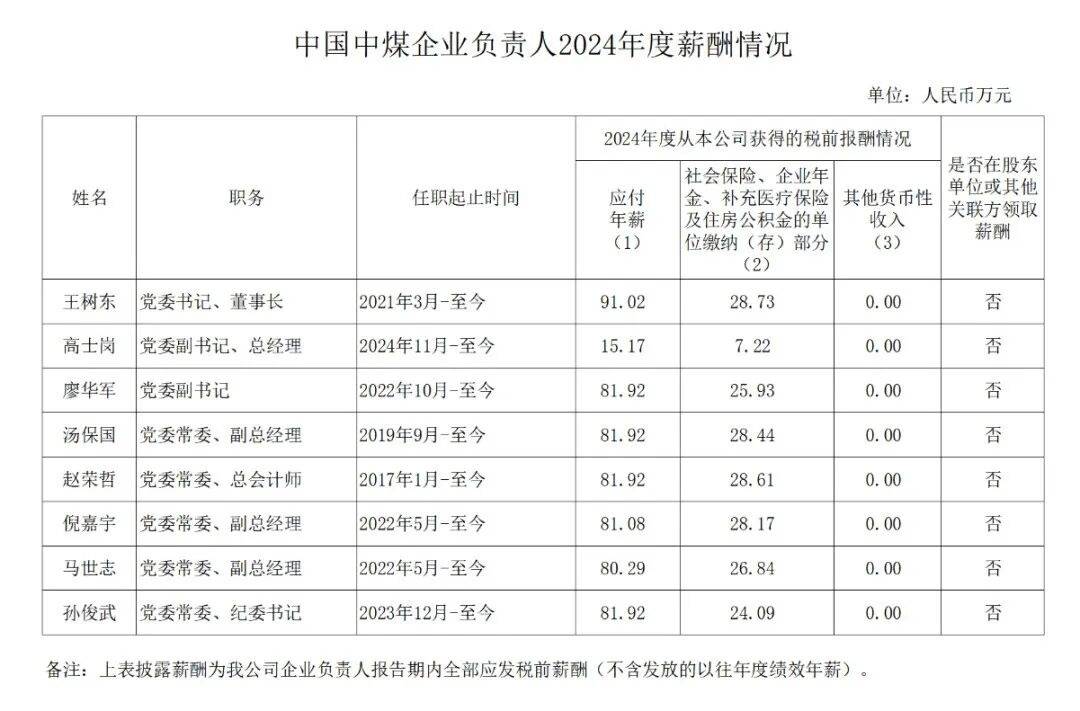 中石油等多家能源央企负责人2024年薪酬披露