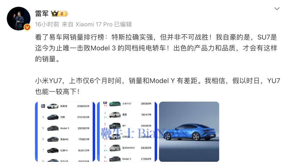 雷军:特斯拉确实强,但并非不可战胜