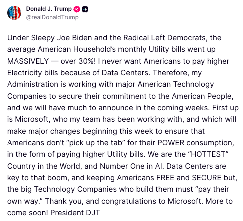 特朗普炮轰AI巨头：数据中心电费自己付！微软服软