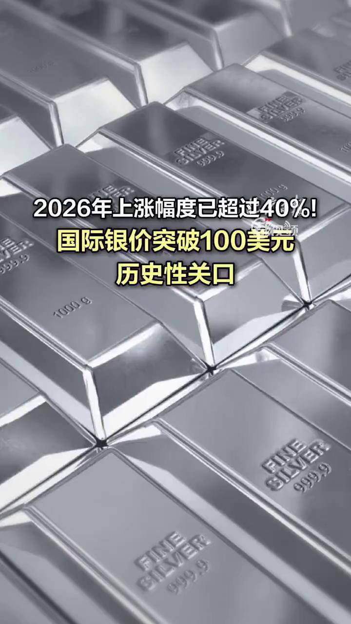 2026年上涨幅度均已超过40%#国际银价突破100美元历史性关口】受持续避险需求及技术性买盘推动，美国纽约商品交易所白银期货价格、伦敦白银 现货价格23日双双突破每盎司100美元，再创历史新高，2026年上涨幅度均已超过40%。（人民日报）_搜狐网