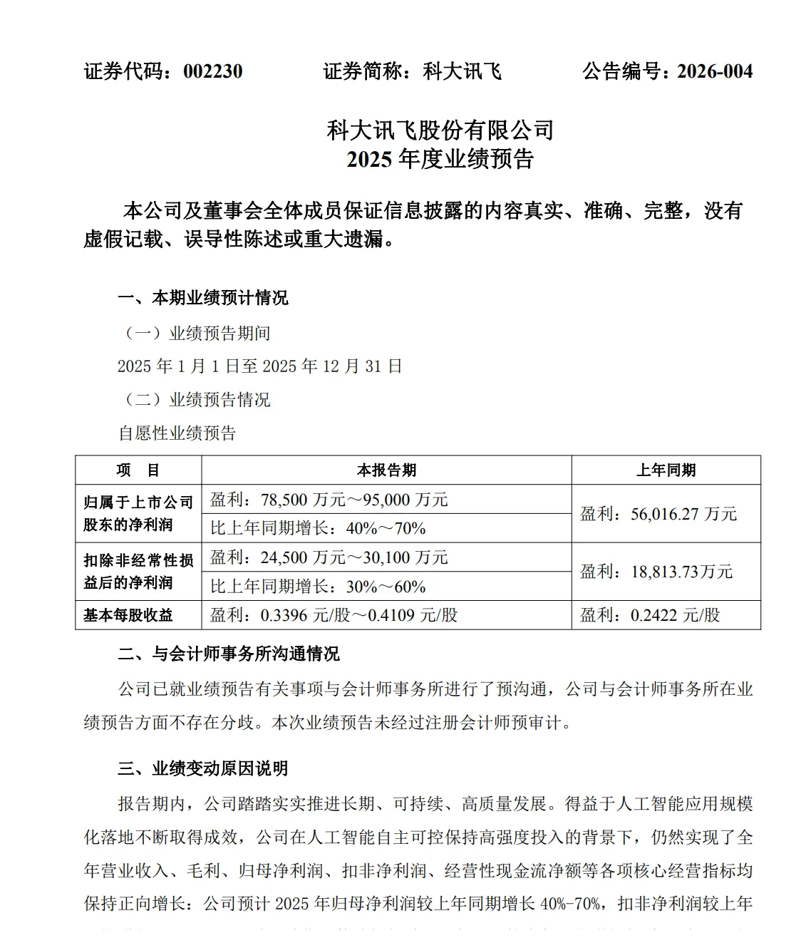科大讯飞：2025年净利同比预增40%-70% 人工智能应用规模化落地取得成效
