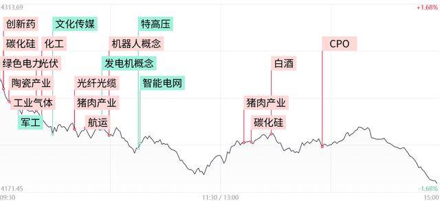 每日收评沪指跌超1%失守4200点 ，全市场超4300股收跌，猪肉、白酒板块逆势活跃