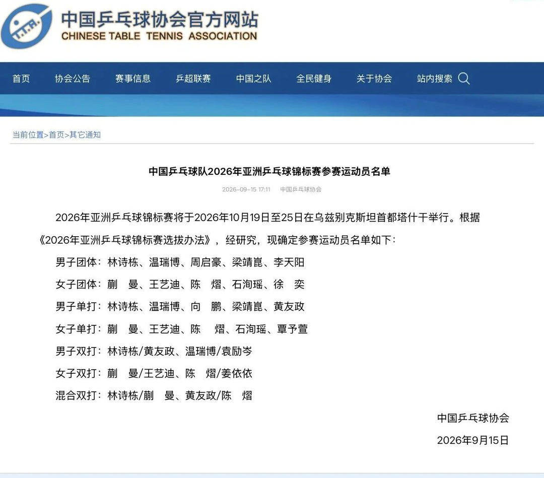 国乒公布2026年亚锦赛参赛名单 10月征战塔什干