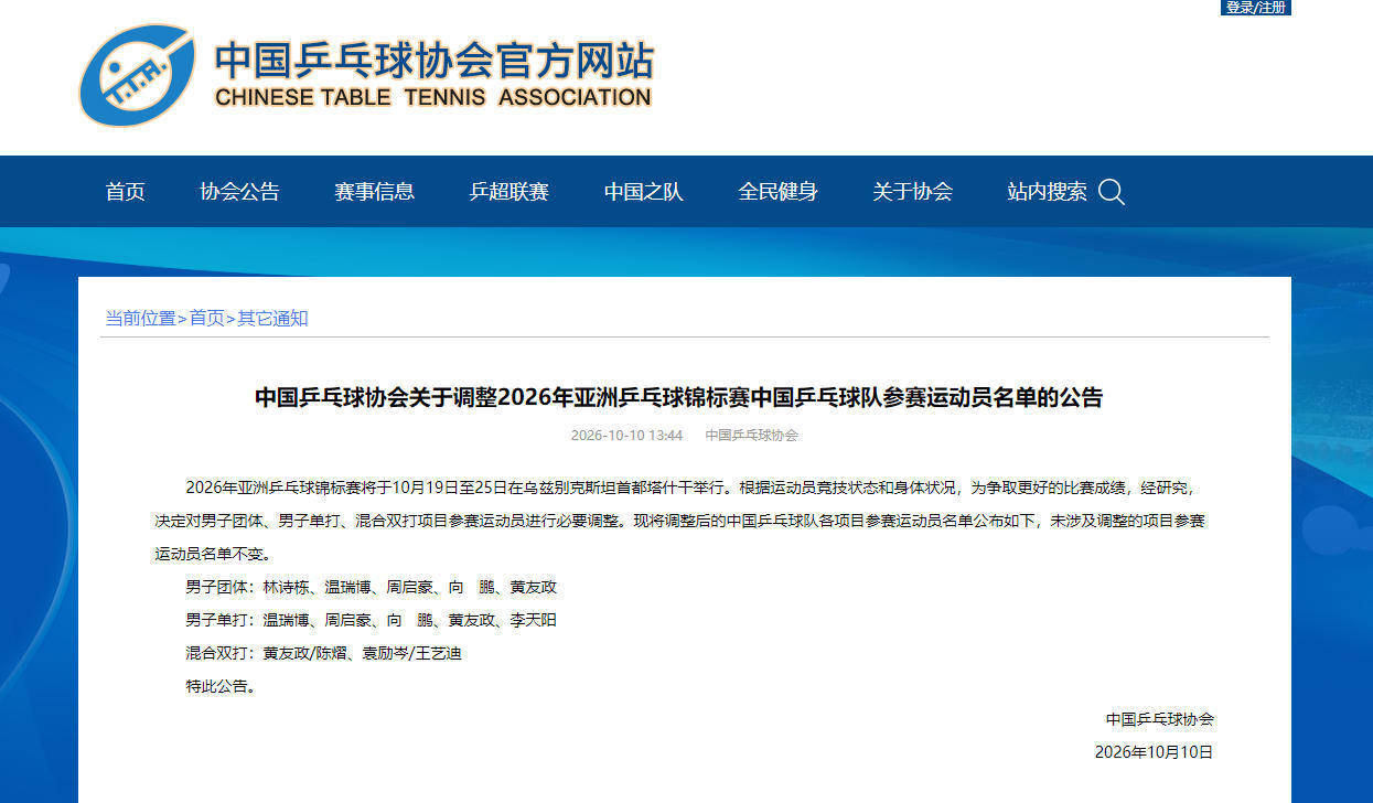 国乒调整亚锦赛阵容 最新名单→
